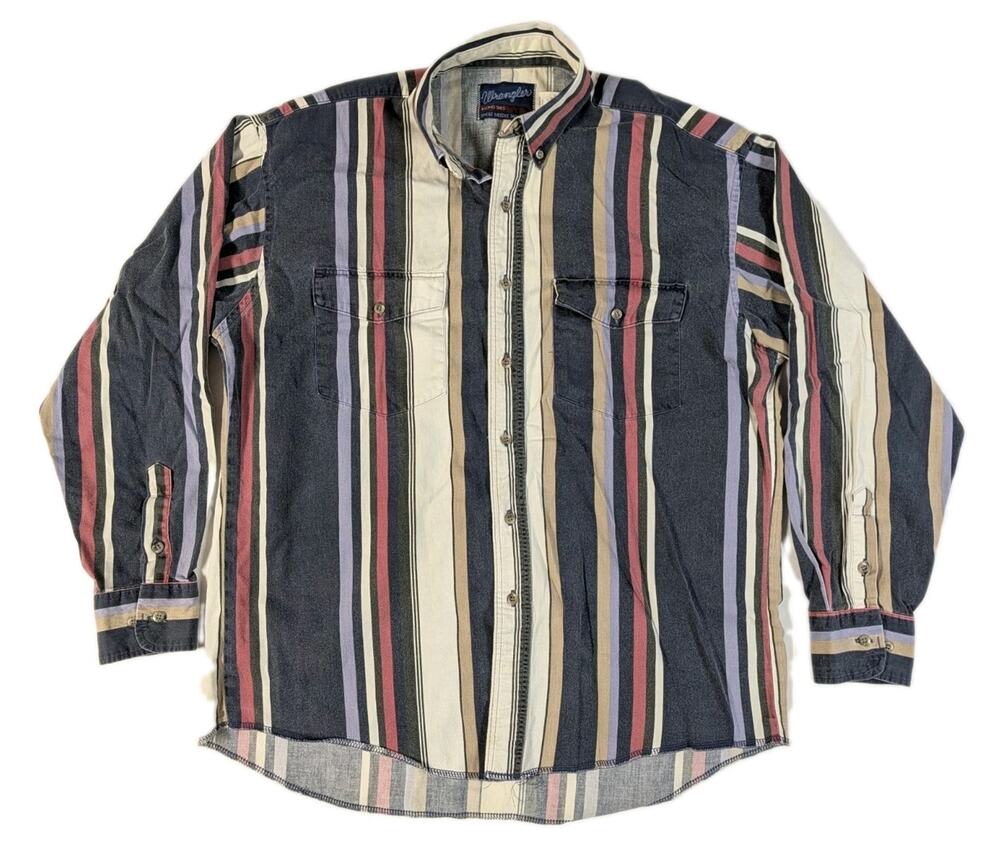 Wrangler Single Needle Mens 16.5 35 Large L Striped Button Down Shirt Long Tails